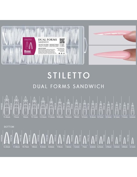 Dual Forms Sandwich STILETTO set 240 buc, 15 mărimi tipsuri reutilizabile