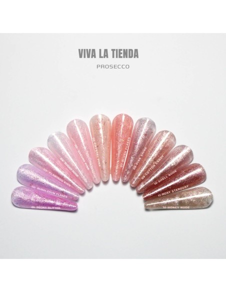 Polygel Viva La Tienda Prosecco 13 -  Pearly Whisper - 30ml – alb delicat, rezistență ridicată, flexibilitate optimă, aplicare controlată, fără lipire, sclipire discretă cu efect soft pentru apex fin și structură naturală | recomandat pentru tehnicieni care preferă arhitectura slim și cliente care vor rezistență fără aspect încărcat