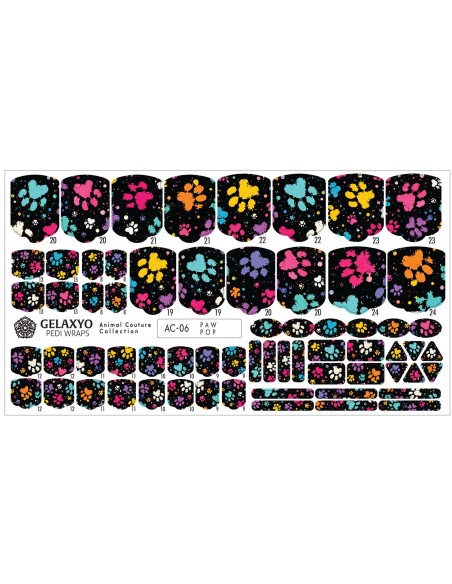 PEDI WRAPS ANIMAL COUTURE AC-6 GELAXYO CU 38 DE WRAPURI, 26 DECORAȚIUNI, PILĂ, BEȚIȘOR ȘI MINIRIGLĂ INCLUSE - Imprimeu jucăuș cu lăbuțe colorate, pentru un look vesel și nonconformist.