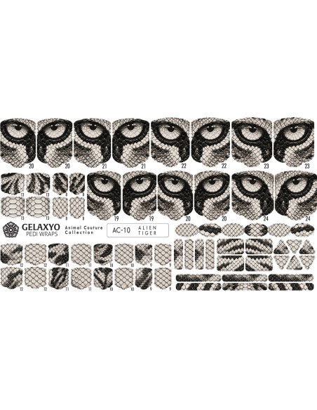 PEDI WRAPS ANIMAL COUTURE AC-10 GELAXYO CU 38 DE WRAPURI, 26 DECORAȚIUNI, PILĂ, BEȚIȘOR ȘI MINIRIGLĂ INCLUSE - Design spectaculos inspirat de privirea hipnotică a unui prădător, cu textură exotică de reptilă.