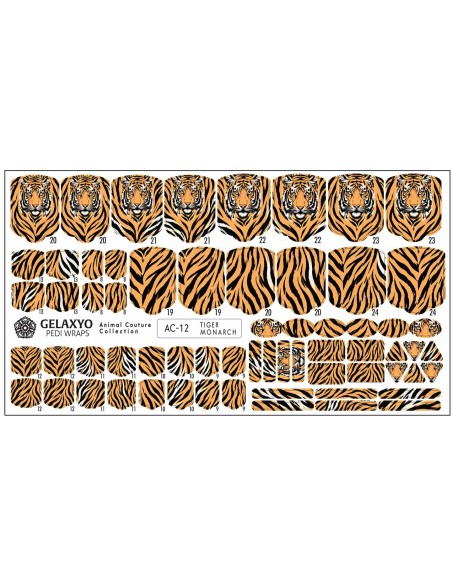 PEDI WRAPS ANIMAL COUTURE AC-12 GELAXYO CU 38 DE WRAPURI, 26 DECORAȚIUNI, PILĂ, BEȚIȘOR ȘI MINIRIGLĂ INCLUSE - Imprimeu premium cu dungi de tigru și portret regal, pentru un look spectaculos.