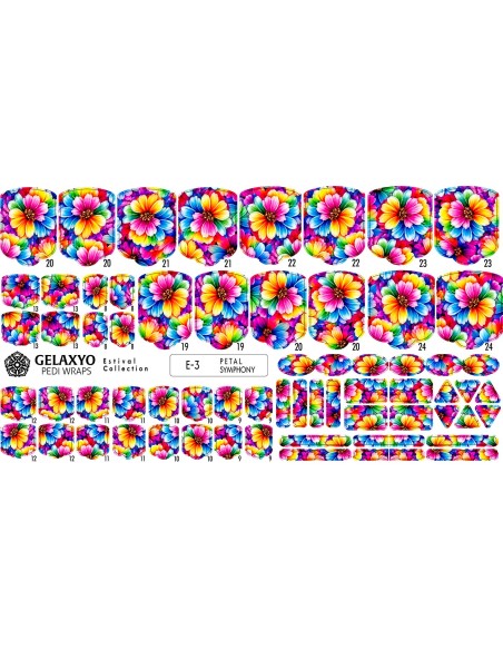 PEDI WRAPS ESTIVAL 3 GELAXYO CU 38 DE WRAPURI, 26 DECORAȚIUNI, PILĂ, BEȚIȘOR ȘI MINIRIGLĂ INCLUSE - Design floral luxuriant, într-o explozie de culori vibrante și energie pozitivă.