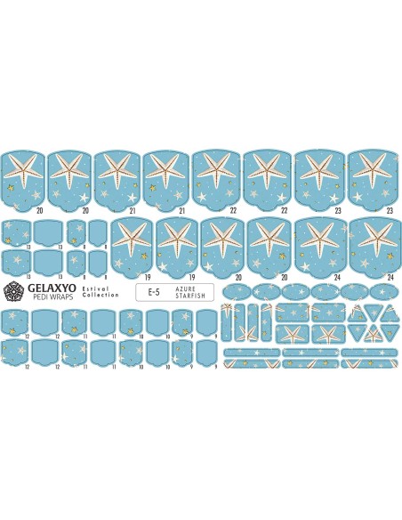 PEDI WRAPS ESTIVAL 5 GELAXYO CU 38 DE WRAPURI, 26 DECORAȚIUNI, PILĂ, BEȚIȘOR ȘI MINIRIGLĂ INCLUSE - Stele de mare elegante pe un fundal albastru luminos, ce evocă farmecul litoralului