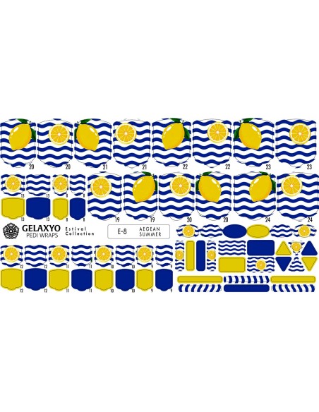 PEDI WRAPS ESTIVAL 8 GELAXYO CU 38 DE WRAPURI, 26 DECORAȚIUNI, PILĂ, BEȚIȘOR ȘI MINIRIGLĂ INCLUSE - Design inspirat de atmosfera însorită a Greciei, cu accente de lămâie și mare.