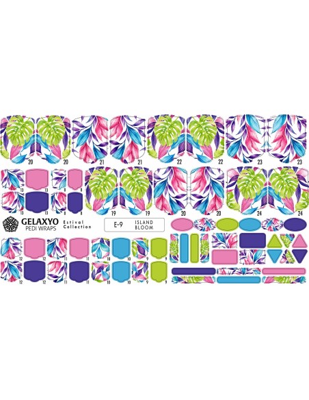 PEDI WRAPS ESTIVAL 9 GELAXYO CU 38 DE WRAPURI, 26 DECORAȚIUNI, PILĂ, BEȚIȘOR ȘI MINIRIGLĂ INCLUSE - Model exotic cu frunze luxuriante și nuanțe vibrante, ce evocă farmecul unei vacanțe pe insulă