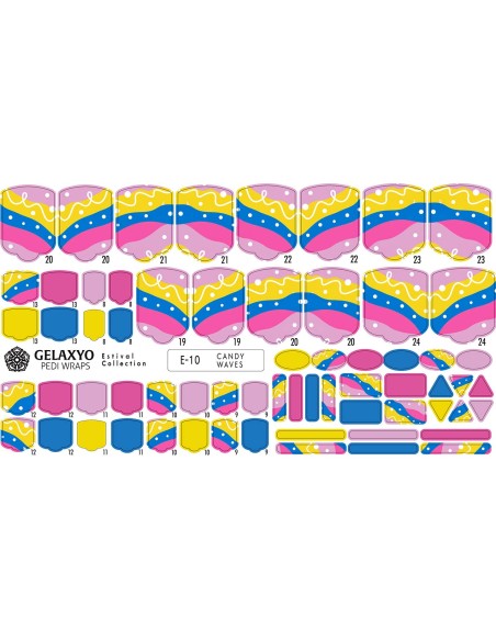 PEDI WRAPS ESTIVAL 10 GELAXYO CU 38 DE WRAPURI, 26 DECORAȚIUNI, PILĂ, BEȚIȘOR ȘI MINIRIGLĂ INCLUSE - Design jucăuș cu valuri colorate și accente pastelate, plin de energie estivală