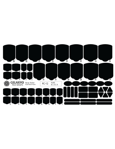 PEDI WRAPS PURE COLOR PC-12 GELAXYO CU 38 DE WRAPURI, 26 DECORAȚIUNI, PILĂ, BEȚIȘOR ȘI MINIRIGLĂ INCLUSE - Negru pur, cu impact vizual maxim și eleganță fără compromisuri.