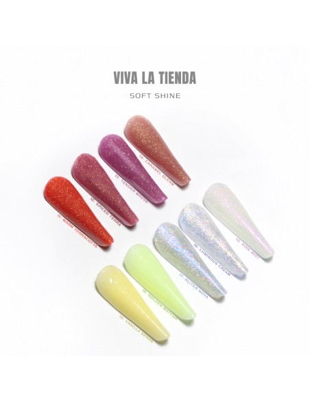 Polygel Viva La Tienda – Soft Shine 20 Rose Glow 15ml – alb cu sclipici multicolor, nu se lipește de pensulă, se pilește ușor, pentru construcție și modelare cu strălucire fină