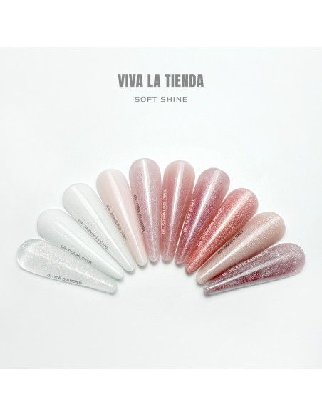 Polygel Viva La Tienda – Soft Shine 23 White Aurora 30ml – alb cu sclipici roz, nu se lipește de pensulă, se pilește ușor, pentru construcție și modelare cu strălucire fină