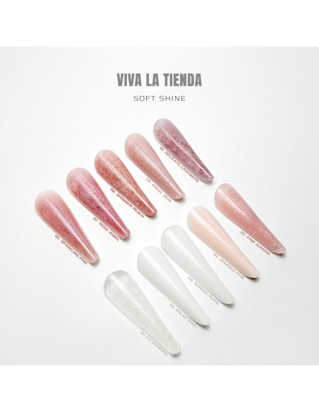 Polygel Viva La Tienda – Soft Shine 23 White Aurora 30ml – alb cu sclipici roz, nu se lipește de pensulă, se pilește ușor, pentru construcție și modelare cu strălucire fină