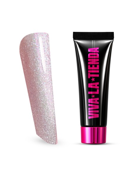 Polygel Viva La Tienda – Soft Shine 20 Rose Glow 15ml – alb cu sclipici multicolor, nu se lipește de pensulă, se pilește ușor, pentru construcție și modelare cu strălucire fină