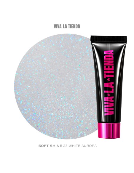 Polygel Viva La Tienda – Soft Shine 23 White Aurora 15ml – alb cu sclipici turcoaz, nu se lipește de pensulă, se pilește ușor, pentru construcție și modelare cu strălucire fină