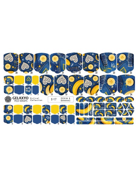 PEDI WRAPS ESTIVAL E-17 GELAXYO CU 38 DE WRAPURI, 26 DECORAȚIUNI, PILĂ, BEȚIȘOR ȘI MINIRIGLĂ INCLUSE - Un design plin de culoare, care aduce împreună denimul și bananele într-o combinație surprinzătoare