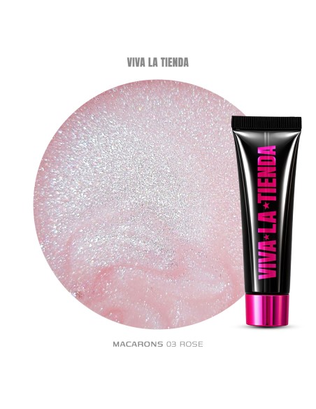 Polygel Viva La Tienda – MACARONS 03 15ml Rose – roz cu sclipici extrafin, aderență puternică, pentru manichiuri de mireasă