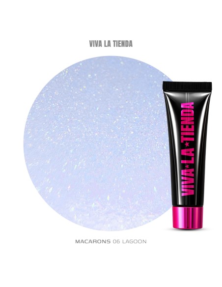 Polygel Viva La Tienda – MACARONS 06 15ml Lagoon – albastru pastel cu sclipici extrafin, aderență puternică