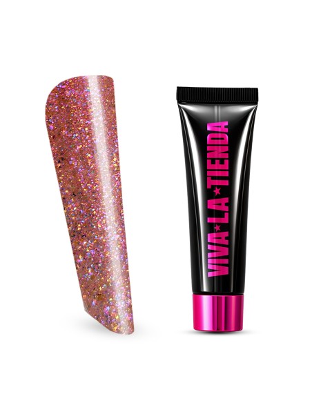 Polygel Viva La Tienda – Soft Shine 26 Rose Ember 15ml – nude cu sclipici fin multicolor, nu se lipește de pensulă, se pilește ușor, pentru construcție și modelare cu strălucire fină