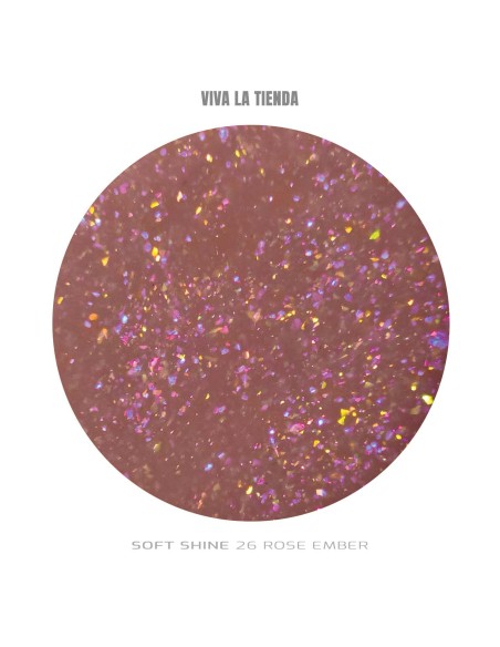 Polygel Viva La Tienda – Soft Shine 26 Rose Ember 15ml – nude cu sclipici fin multicolor, nu se lipește de pensulă, se pilește ușor, pentru construcție și modelare cu strălucire fină