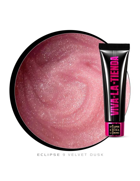 Polygel Viva La Tienda – Eclipse 09 Velvet Dusk 15ml – roz cu sclipici fin argintiu, aderență puternică, pentru manichiuri de mireasă și ocazii elegante