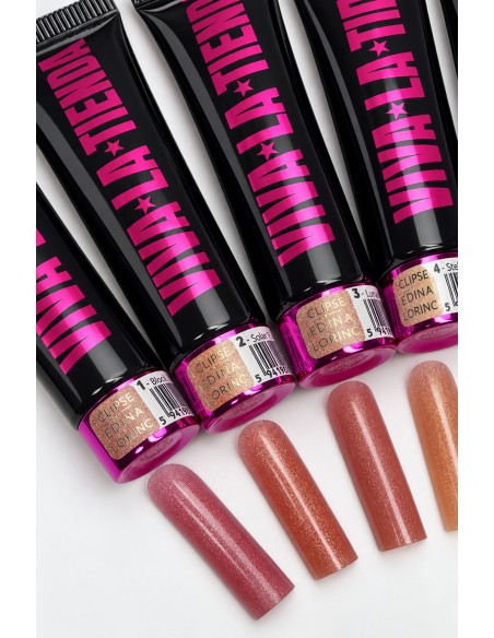 Polygel Viva La Tienda – Eclipse 01 Blood Moon 15ml by Edina Lörinc – roz-nude cu sclipici fin argintiu, aderență puternică, pentru manichiuri de mireasă și ocazii elegante