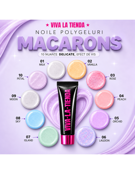 Polygel Viva La Tienda – MACARONS 06 15ml Lagoon – albastru pastel cu sclipici extrafin, aderență puternică